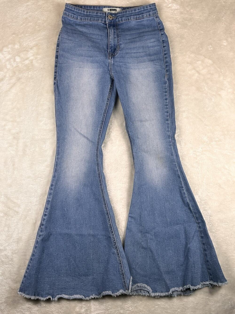 Rock & Roll Jeans Bell Bottoms Woman’s Sz 27x30 Blue Bargain Button Bell Raw Hem